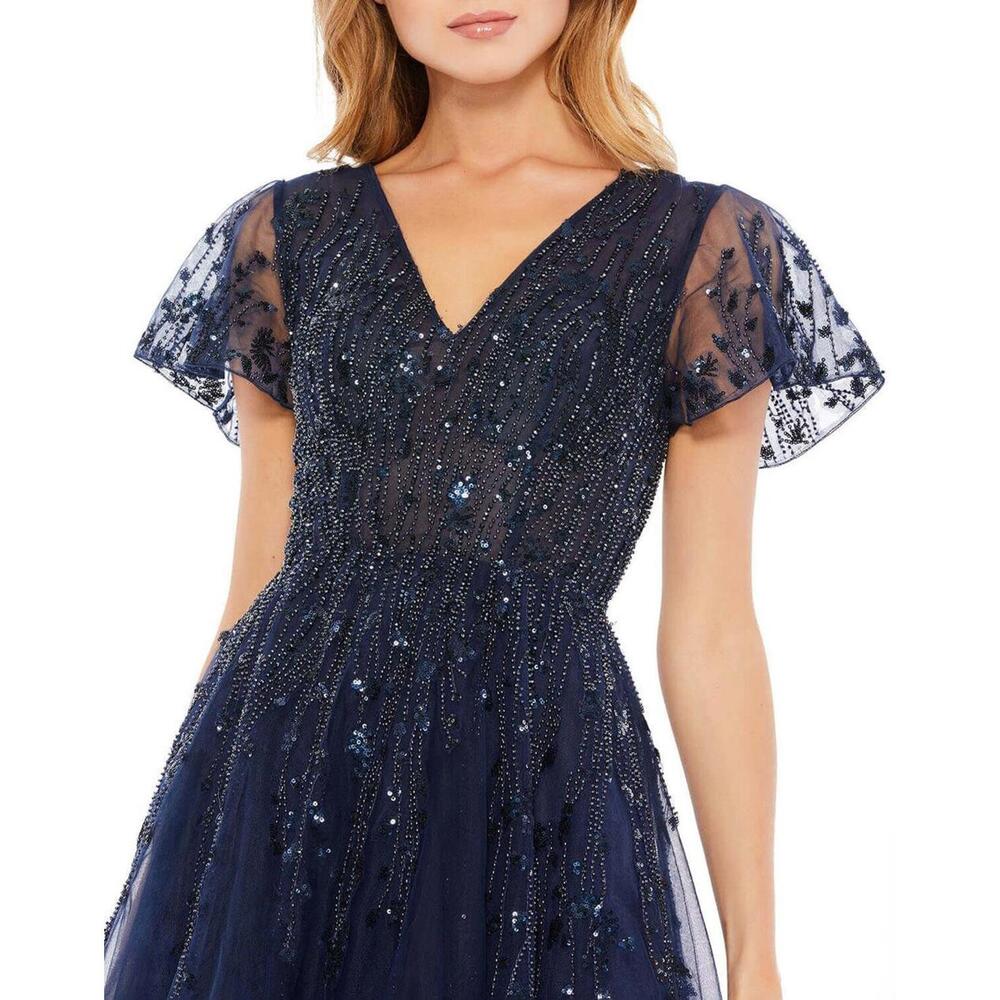 New Mac Duggal EMBELLISHED FLUTTER SLEEVE TEA-LENGTH DRESS In Midnight Sz 6 $598 - Picture 3 of 9